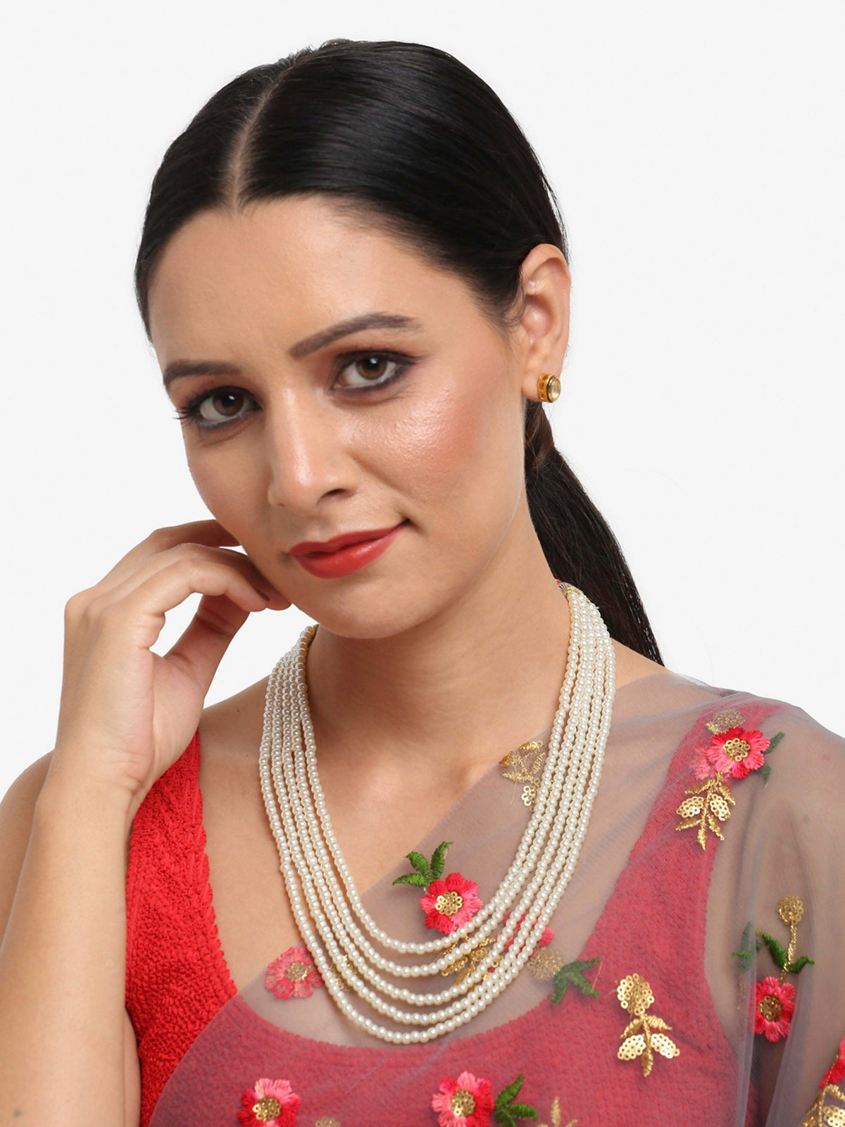Women's White Gold-Toned Plated Kundan Layered Necklace Set - Ruby Raang | Grocsy