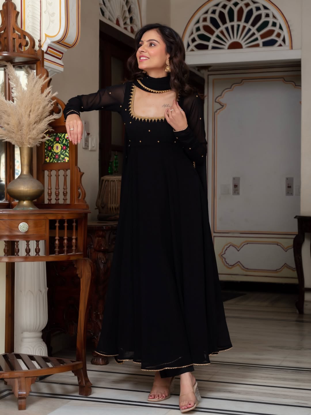 Yash Enterprise Black Blooming Silk Party Wear Embroidery Suit Set | Grocsy