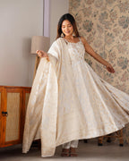 Evanik Off-White & Gold Jecqaurd Banarasi Anarkali Kurta Set With Dupatta | Grocsy
