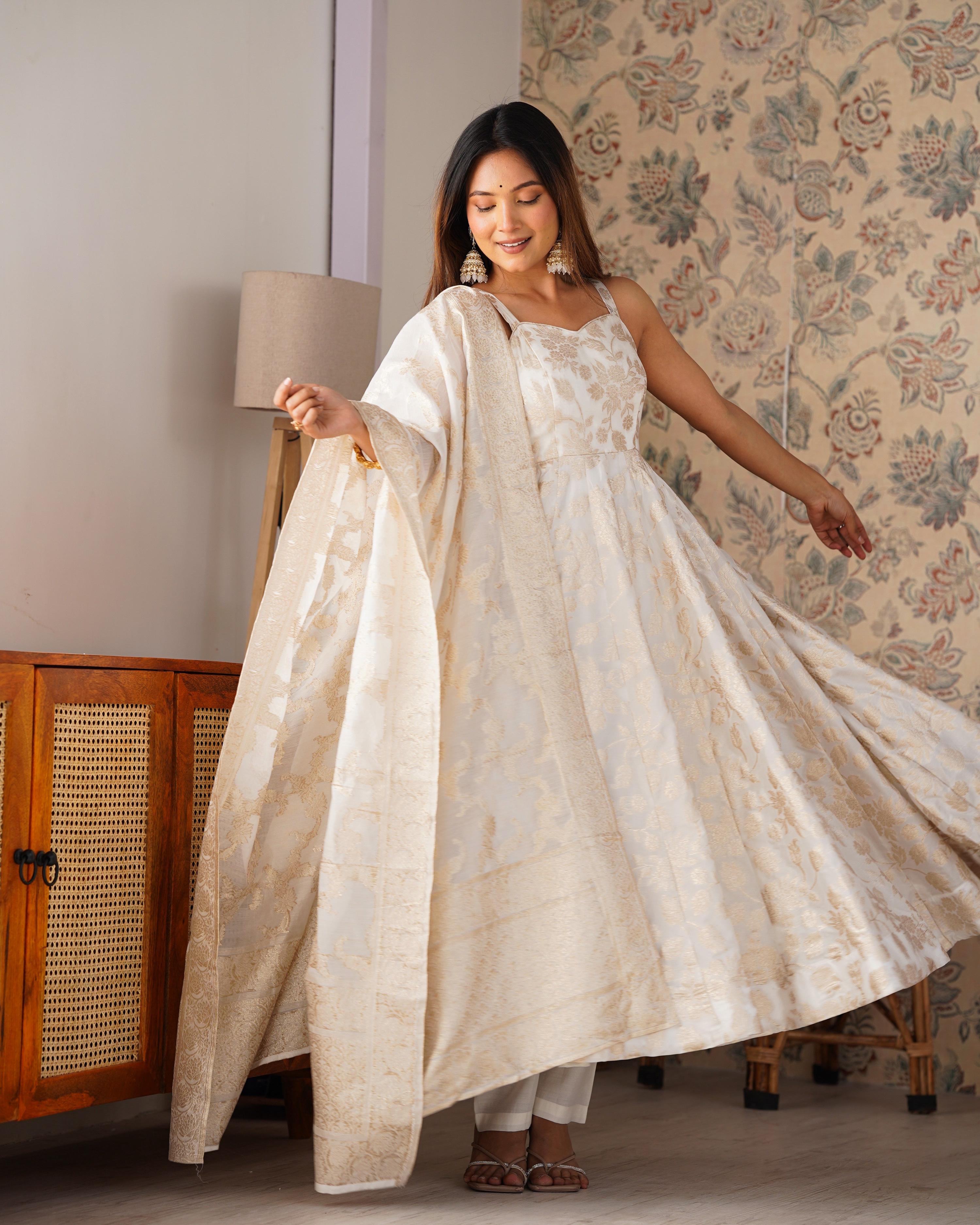 Evanik Off-White & Gold Jecqaurd Banarasi Anarkali Kurta Set With Dupatta | Grocsy