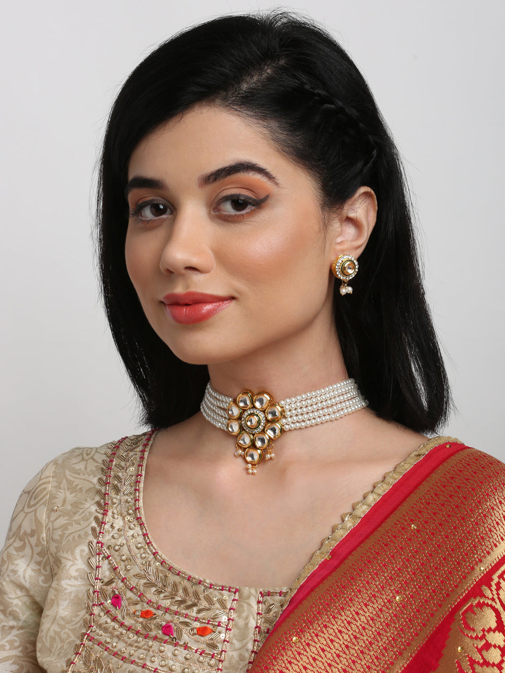 Kundan Choker With Pearls, Earrings - Ruby Raang | Grocsy