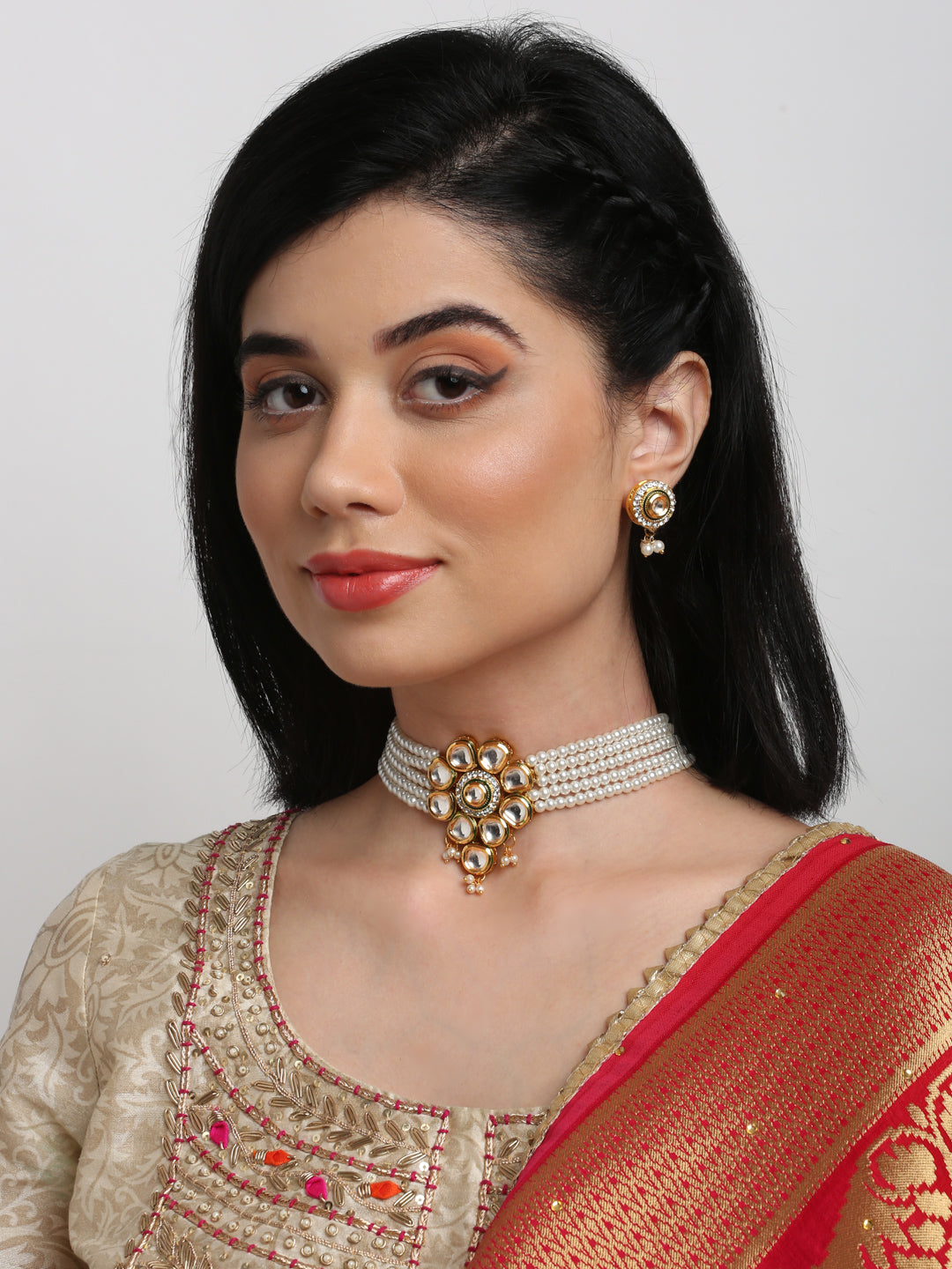 Kundan Choker With Pearls, Earrings - Ruby Raang | Grocsy