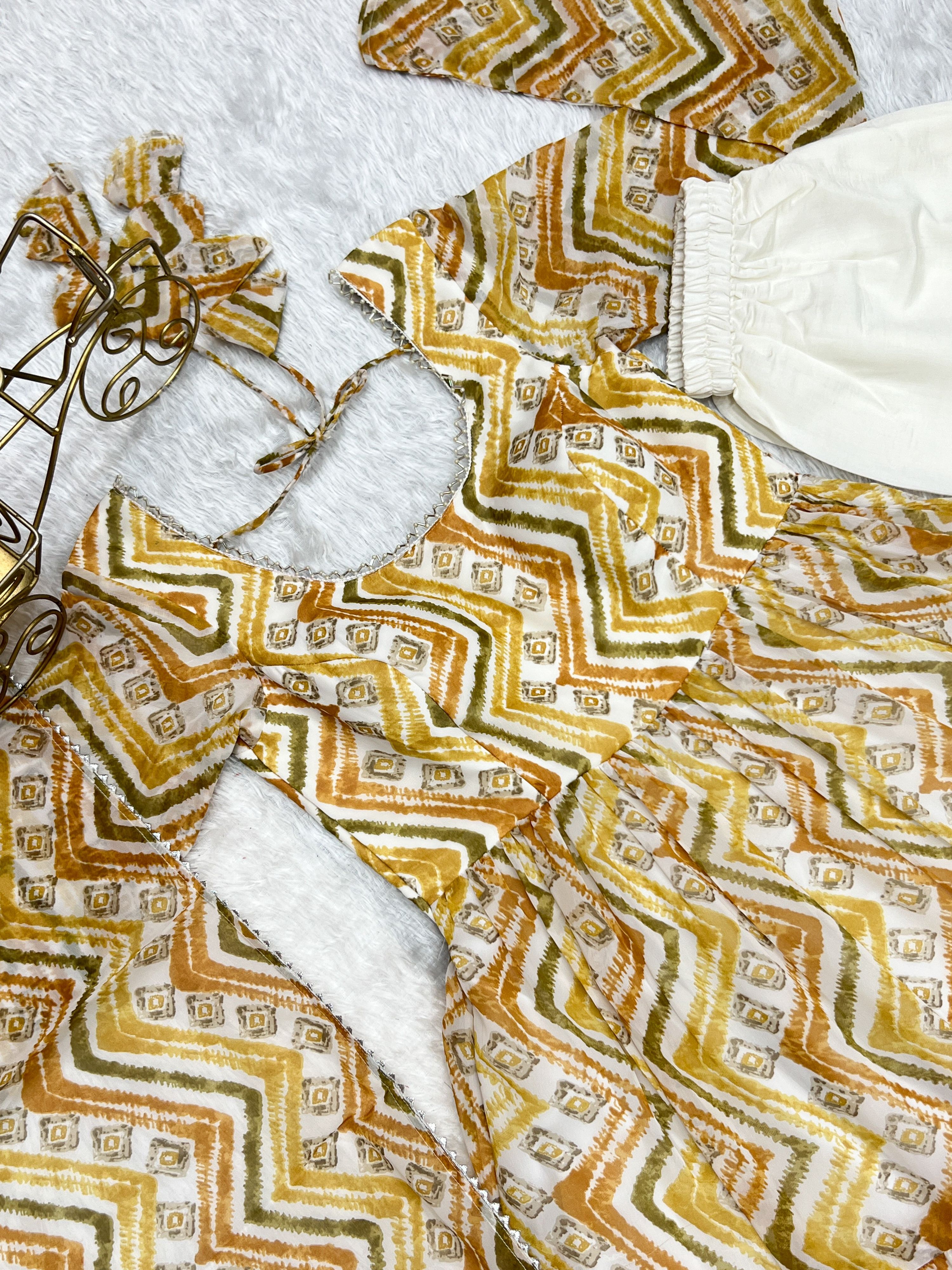 Lorenvalley Fashion Yellow Pure Faux Georgette Zigzag Print Fully Flair Anarkali Pant With Dupatta - Yellow | Grocsy