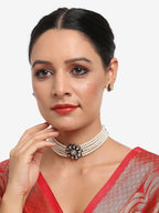 Silver-Plated Kundan Pearl Choker With Studs - Ruby Raang | Grocsy