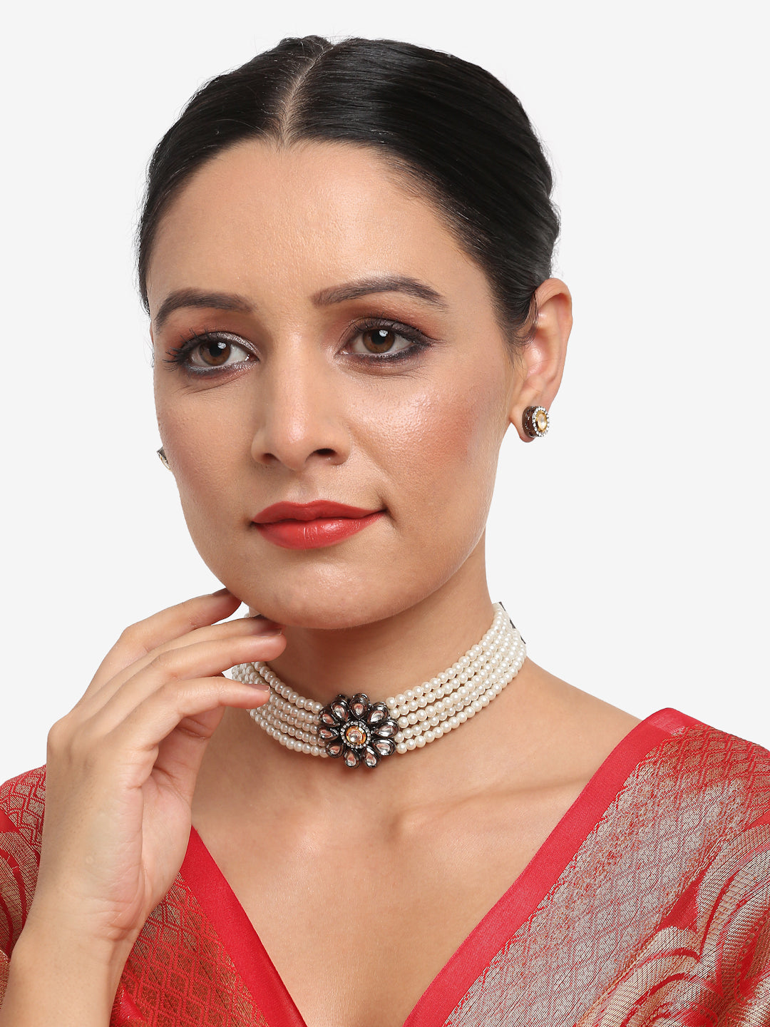 Silver-Plated Kundan Pearl Choker With Studs - Ruby Raang | Grocsy