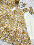 Lorenvalley Fashion Yellow Pure Faux Georgette Zigzag Print Fully Flair Anarkali Pant With Dupatta - Yellow | Grocsy