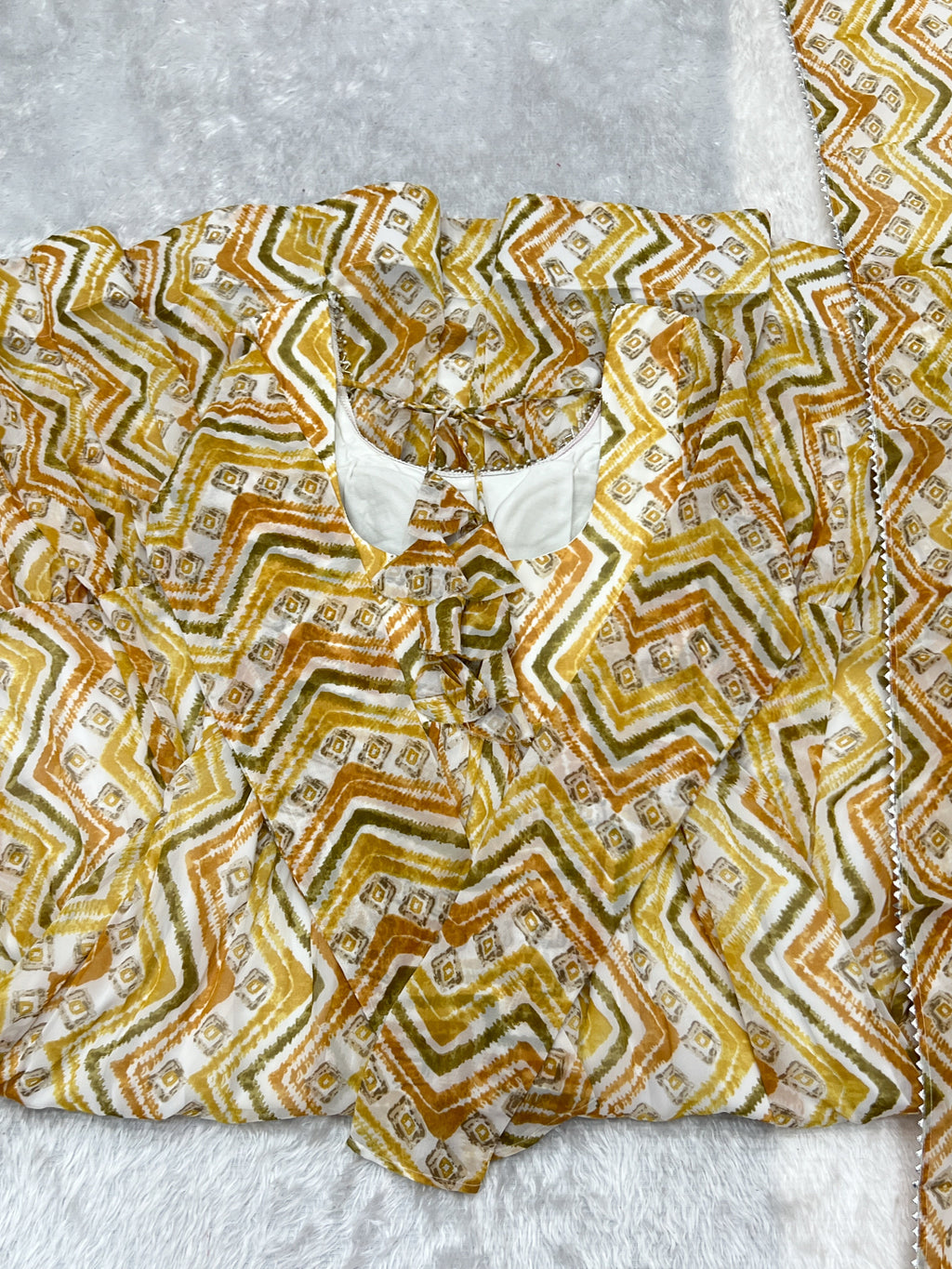 Lorenvalley Fashion Yellow Pure Faux Georgette Zigzag Print Fully Flair Anarkali Pant With Dupatta - Yellow | Grocsy