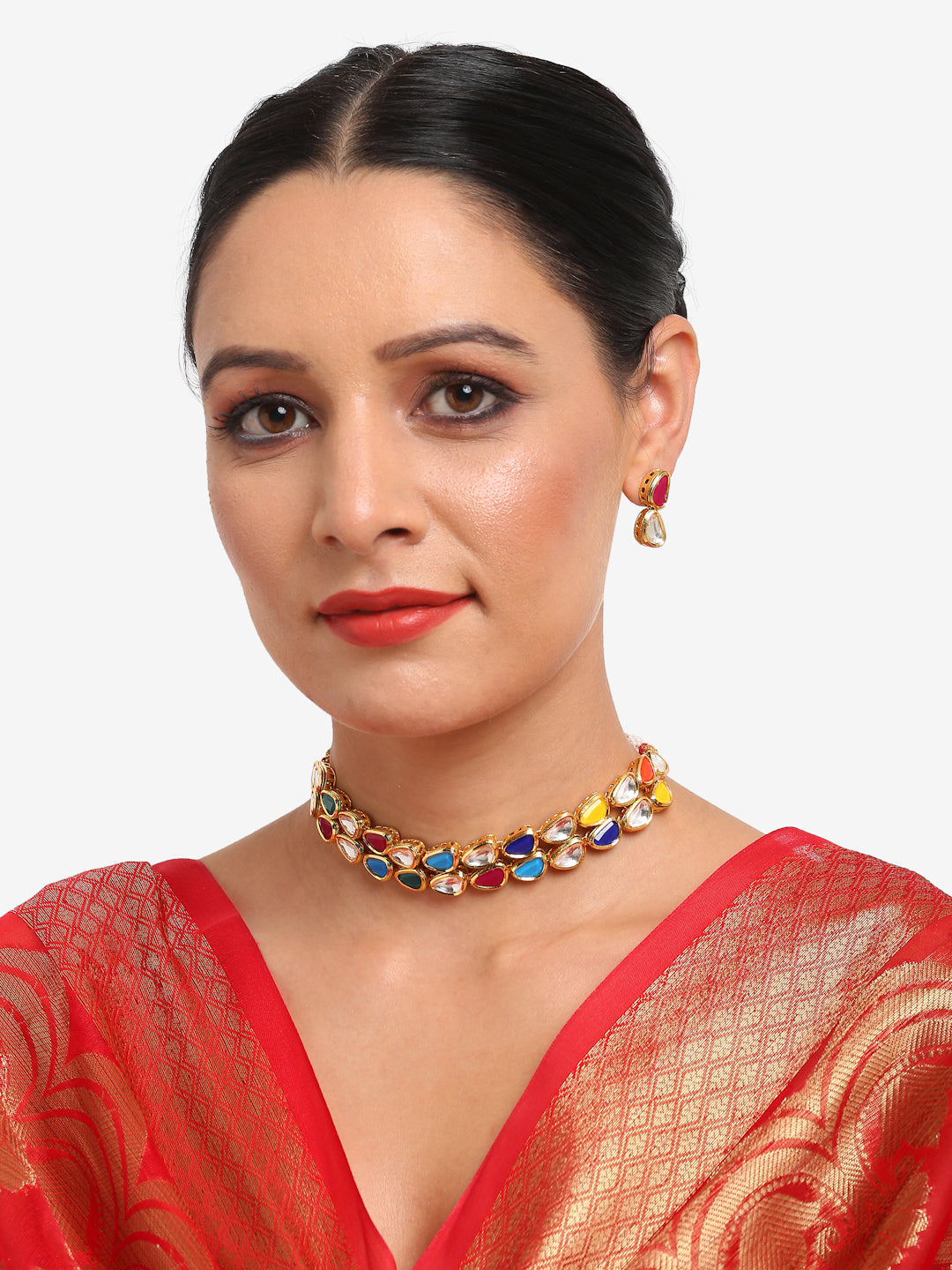 Multioloured Kundan Studded Choker Jewellery Set - Ruby Raang | Grocsy