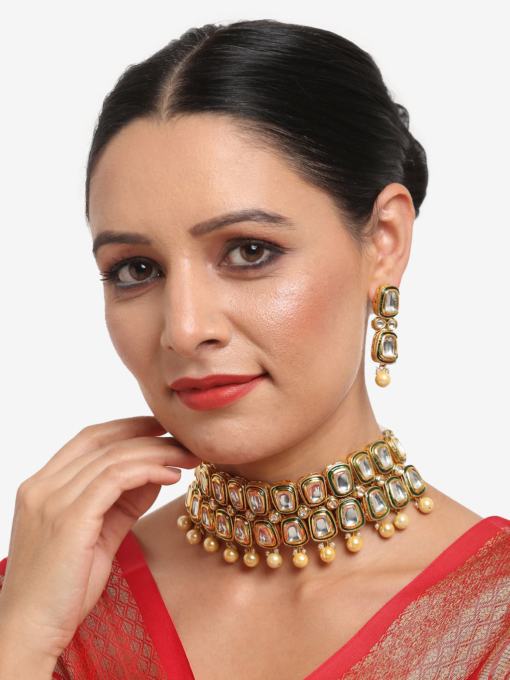 White Gold Toned Meenakari Kundan Choker With Earrings - Ruby Raang | Grocsy