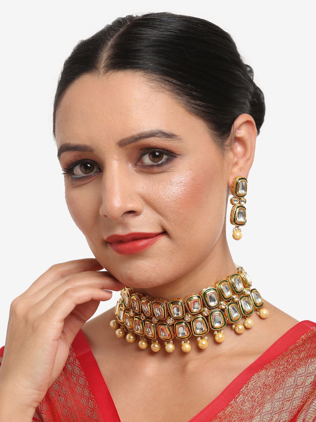 White Gold Toned Meenakari Kundan Choker With Earrings - Ruby Raang | Grocsy