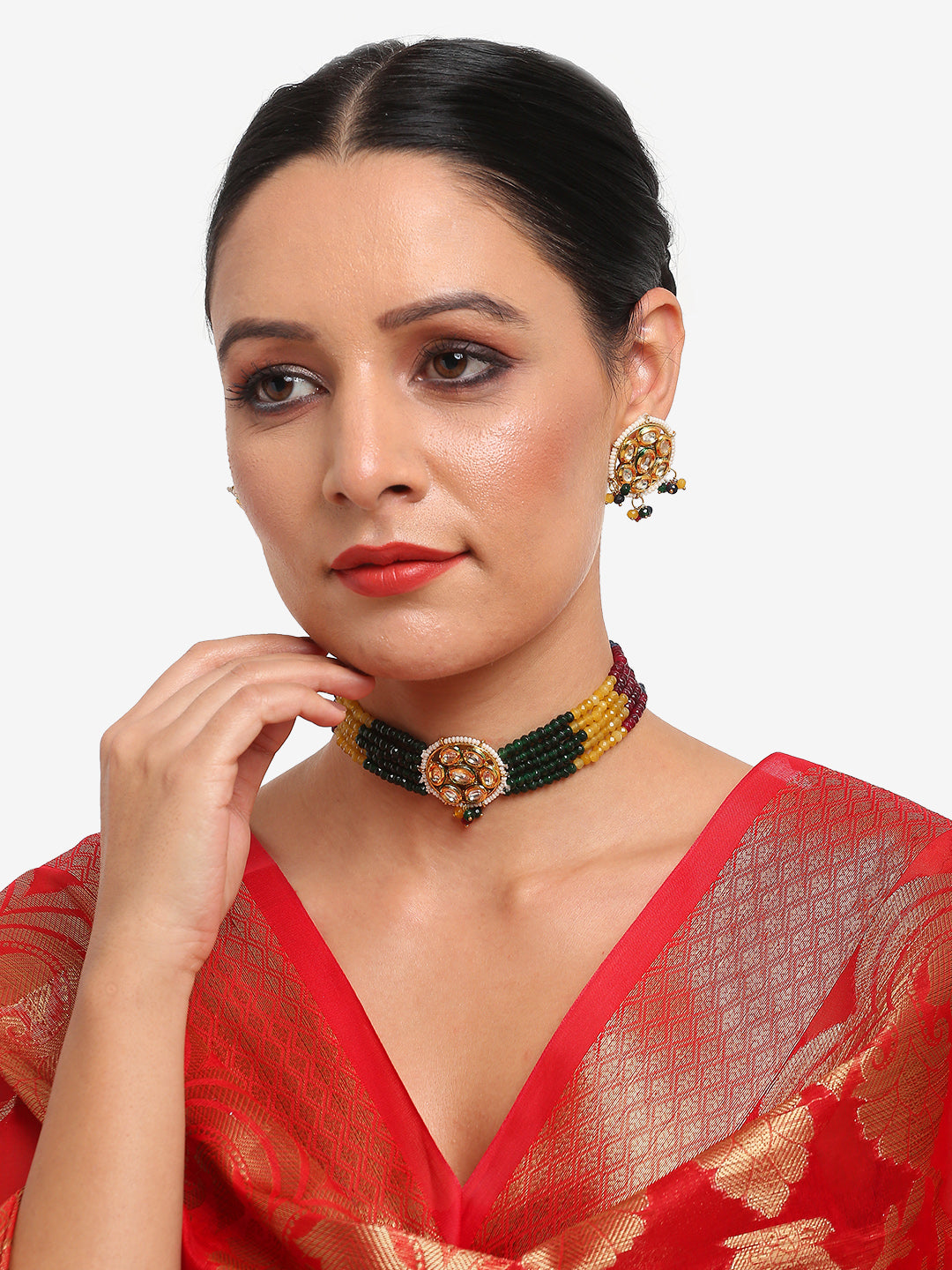 Multicoloured Kundan-Studded Beaded Choker Jewellery Set - Ruby Raang | Grocsy