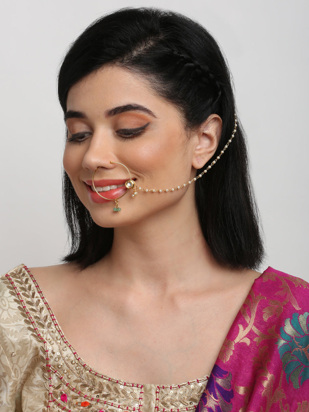 Gold-Polished Kundan Nose Ring - Ruby Raang | Grocsy