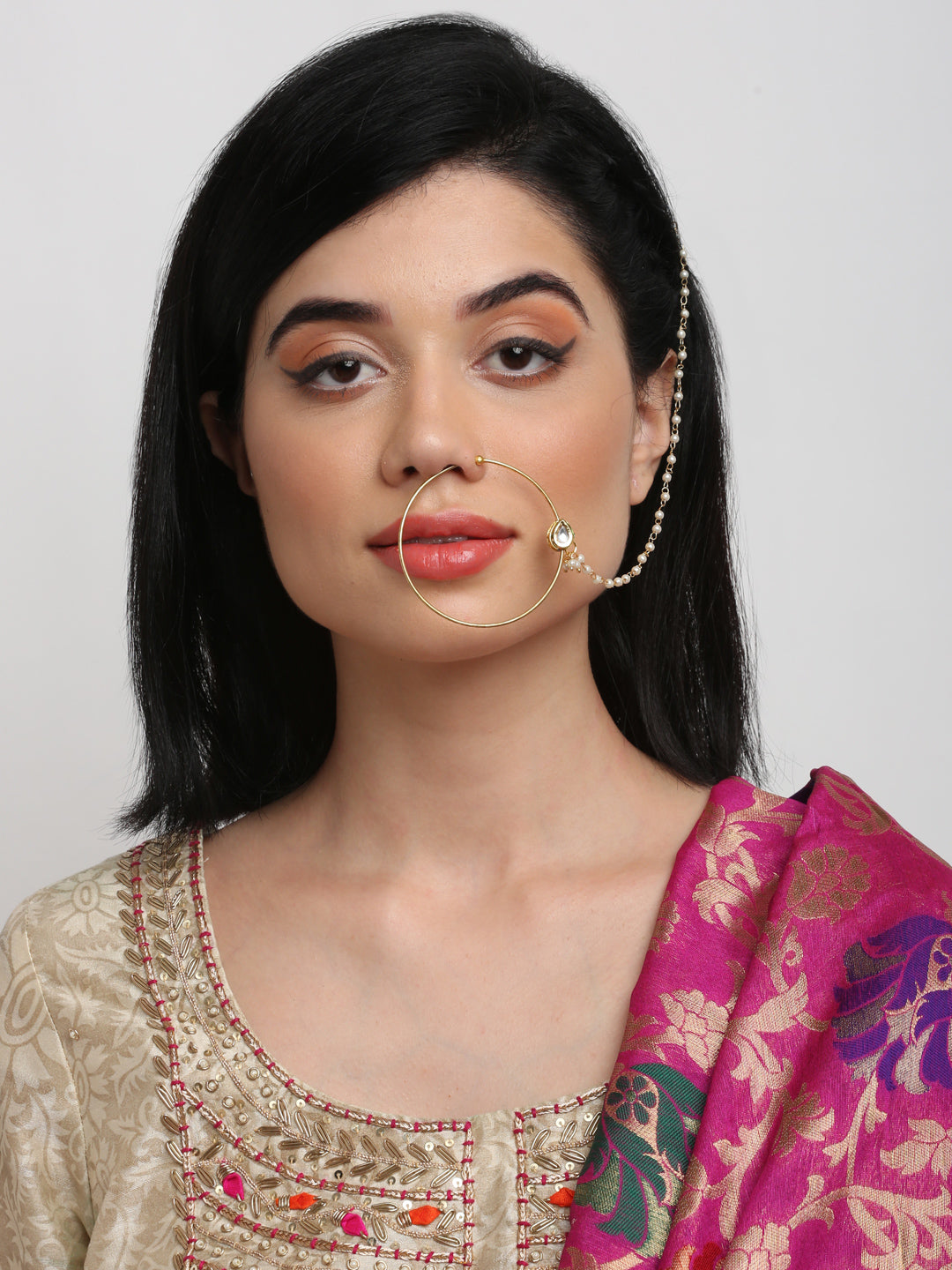 Gold-Polished Tear Drop Kundan Nose Ring - Ruby Raang | Grocsy