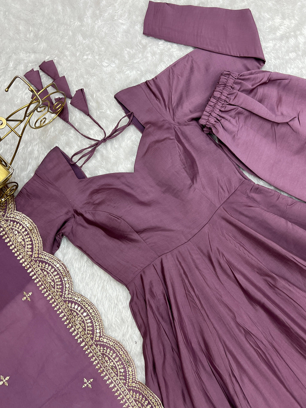 Lorenvalley Fashion Mauve Pure Roman Silk Chanderi Fabric Fully Flared Anarkali Pant With Dupatta Set - Mauve | Grocsy