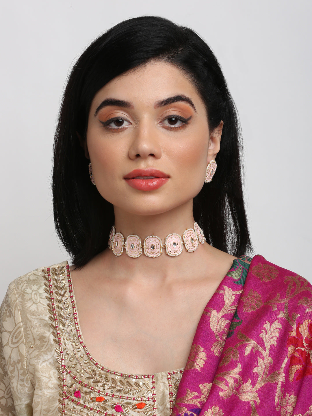 Kundan Choker With Pearls, Earrings & Maang Tikka - Ruby Raang | Grocsy