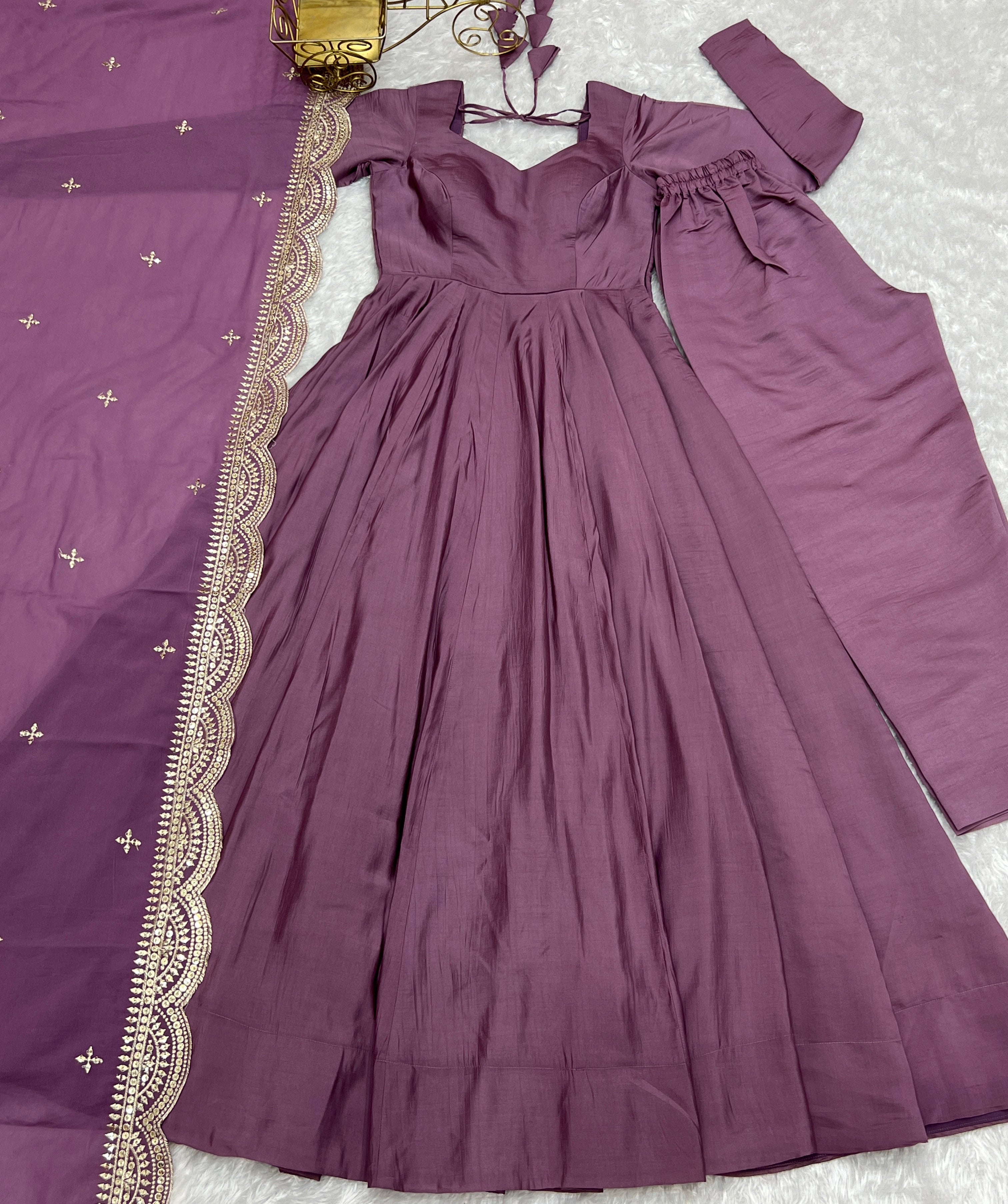 Lorenvalley Fashion Mauve Pure Roman Silk Chanderi Fabric Fully Flared Anarkali Pant With Dupatta Set - Mauve | Grocsy