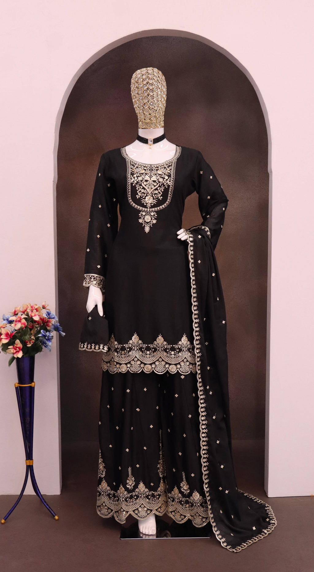 Evanik Black Chiffon with Embroidery Sequence, Thread Work Palazzo Set | Grocsy