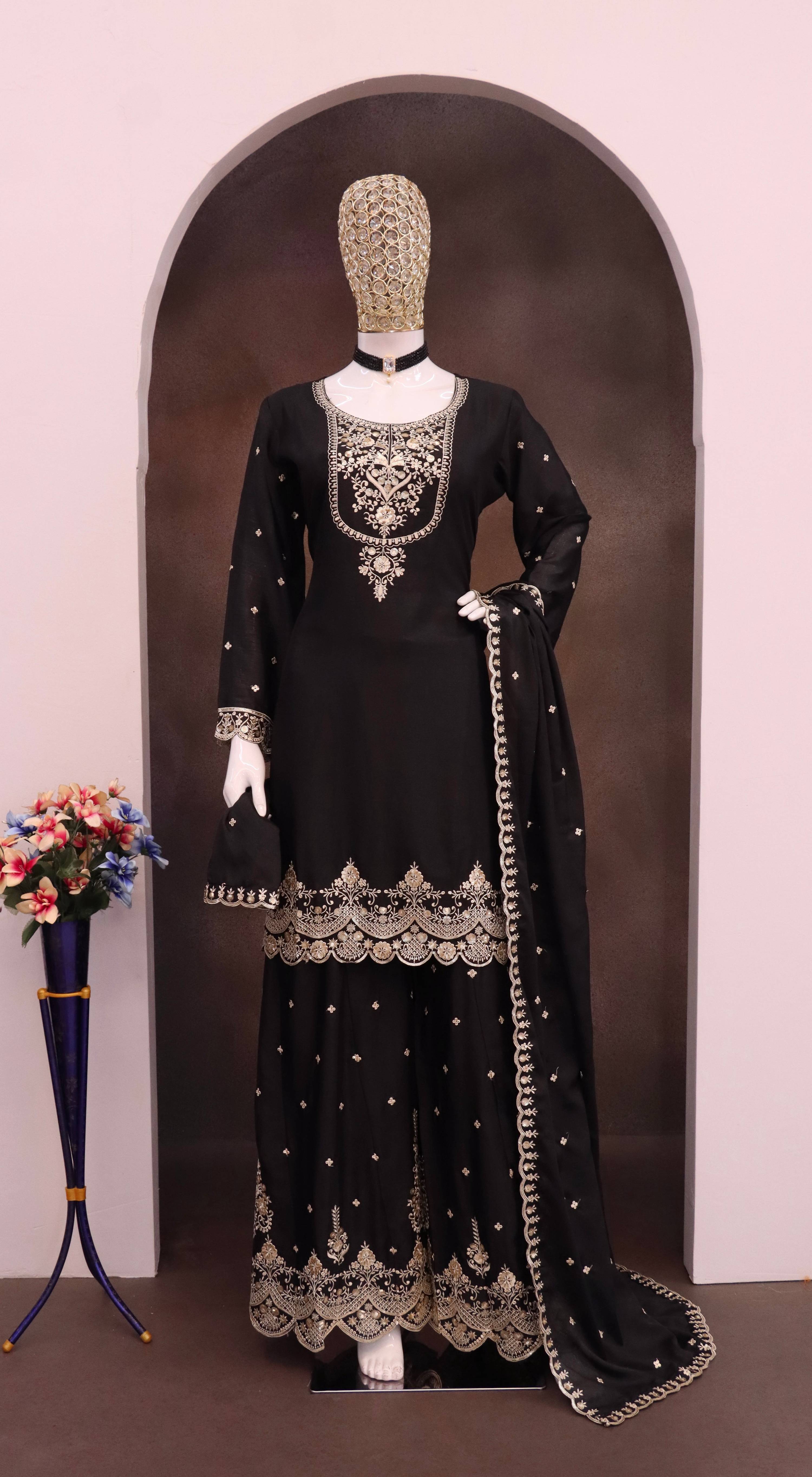 Evanik Black Chiffon with Embroidery Sequence, Thread Work Palazzo Set | Grocsy