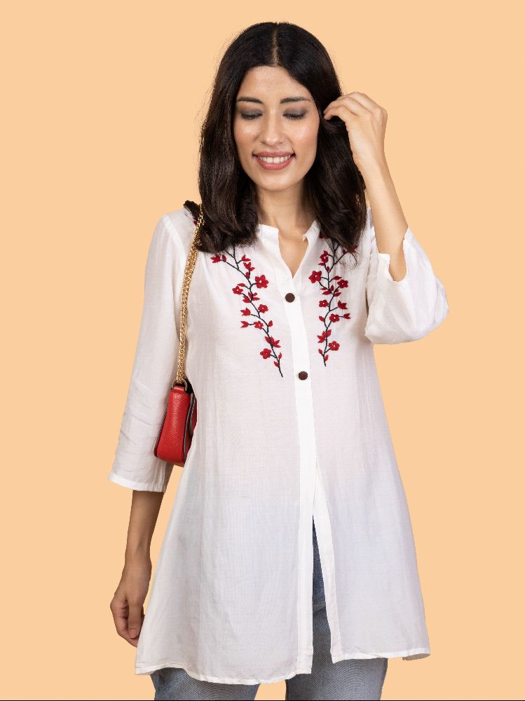 Gharana India Pure Muslin Chikankari Top With Intricate Floral Embroidery | Grocsy