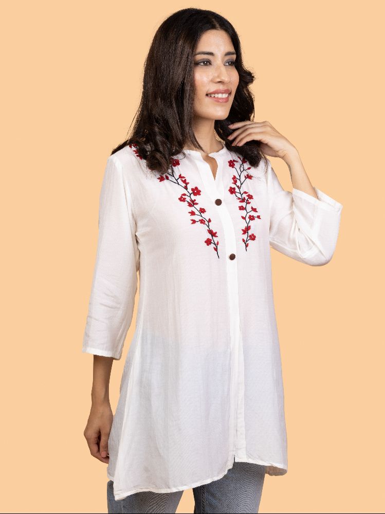 Gharana India Pure Muslin Chikankari Top With Intricate Floral Embroidery | Grocsy