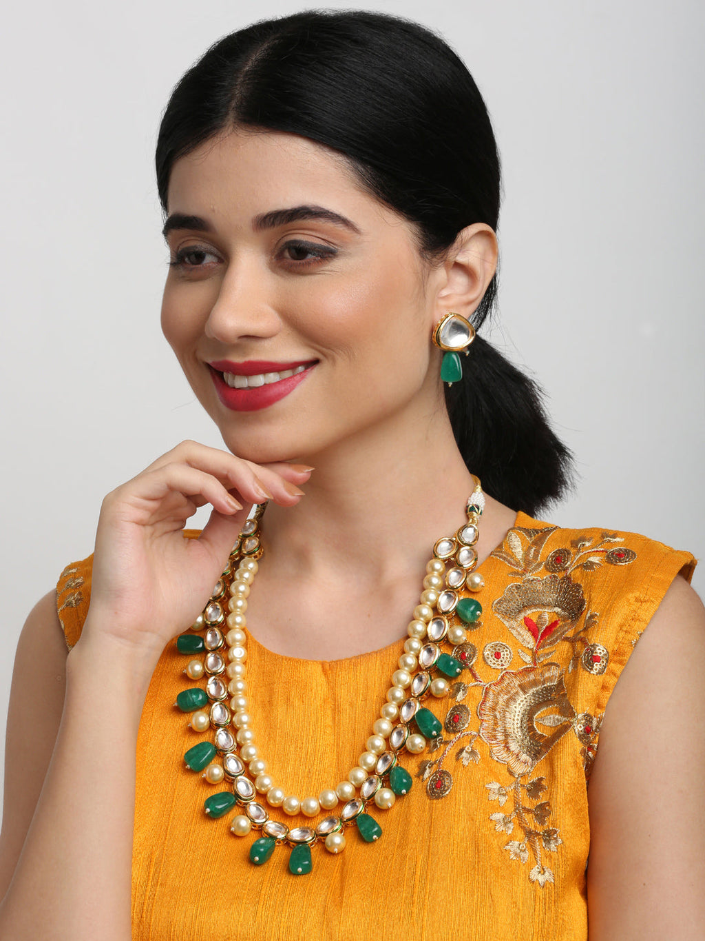 Long Kundan Neckpiece With Earrings - Ruby Raang | Grocsy