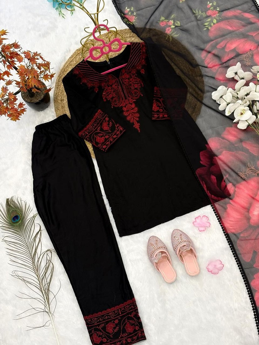 Evanik Premium Kids Black Silk-Blend Kurta Set with Maroon Embroidery Work and Dupatta | Grocsy