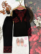 Evanik Premium Kids Black Silk-Blend Kurta Set with Maroon Embroidery Work and Dupatta | Grocsy