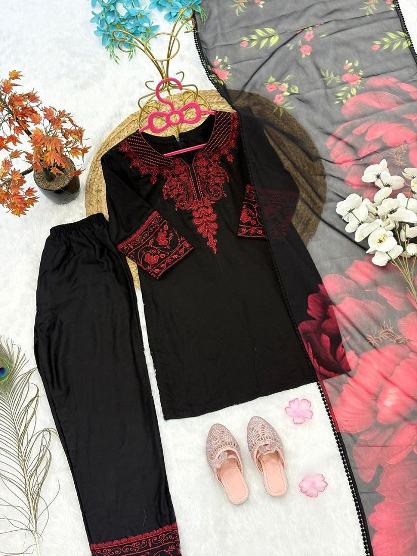 Evanik Premium Kids Black Silk-Blend Kurta Set with Maroon Embroidery Work and Dupatta | Grocsy