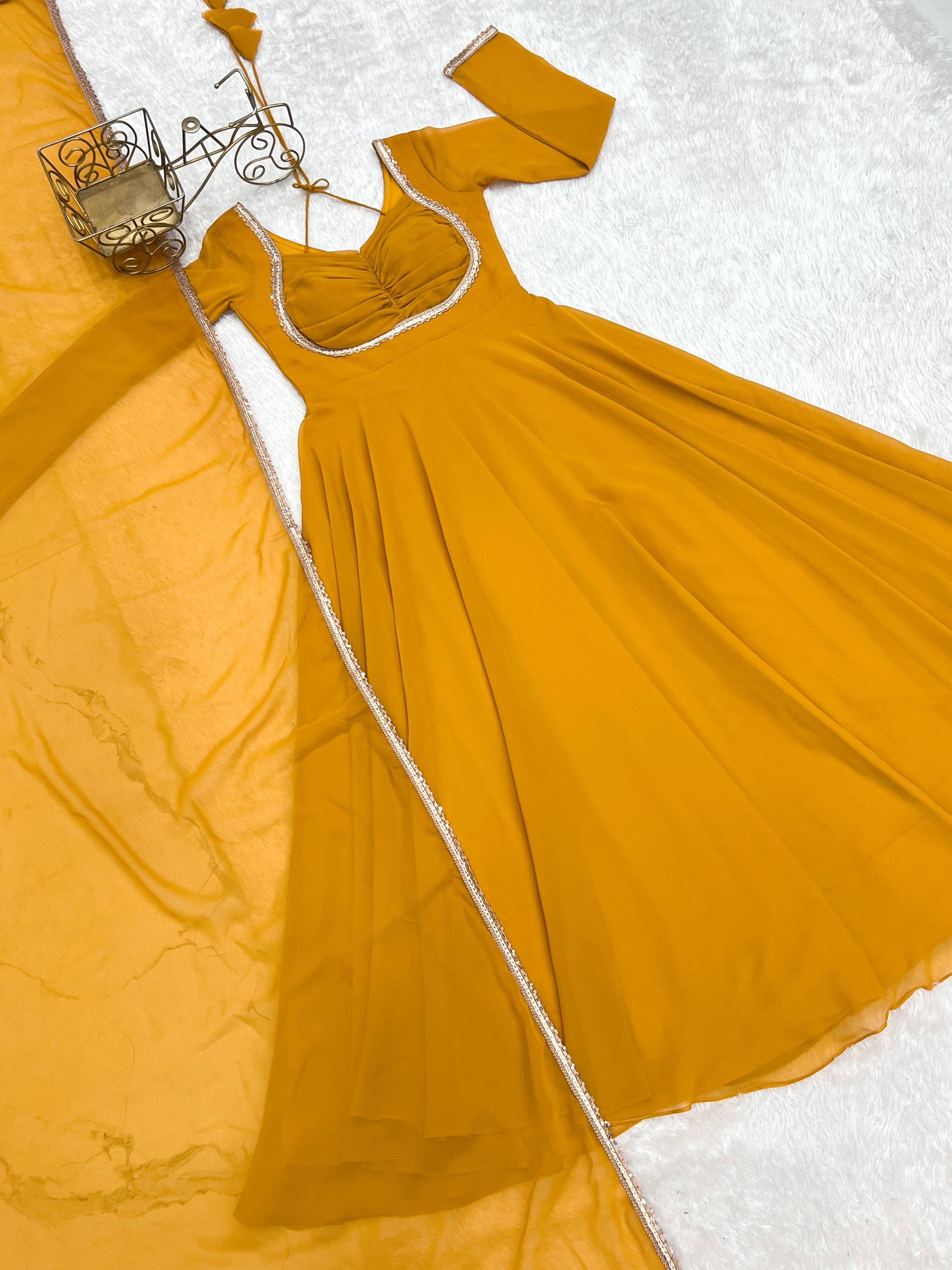 Evanik Yellow Georgette Plain Fully Flair Gown Dupatta | Grocsy