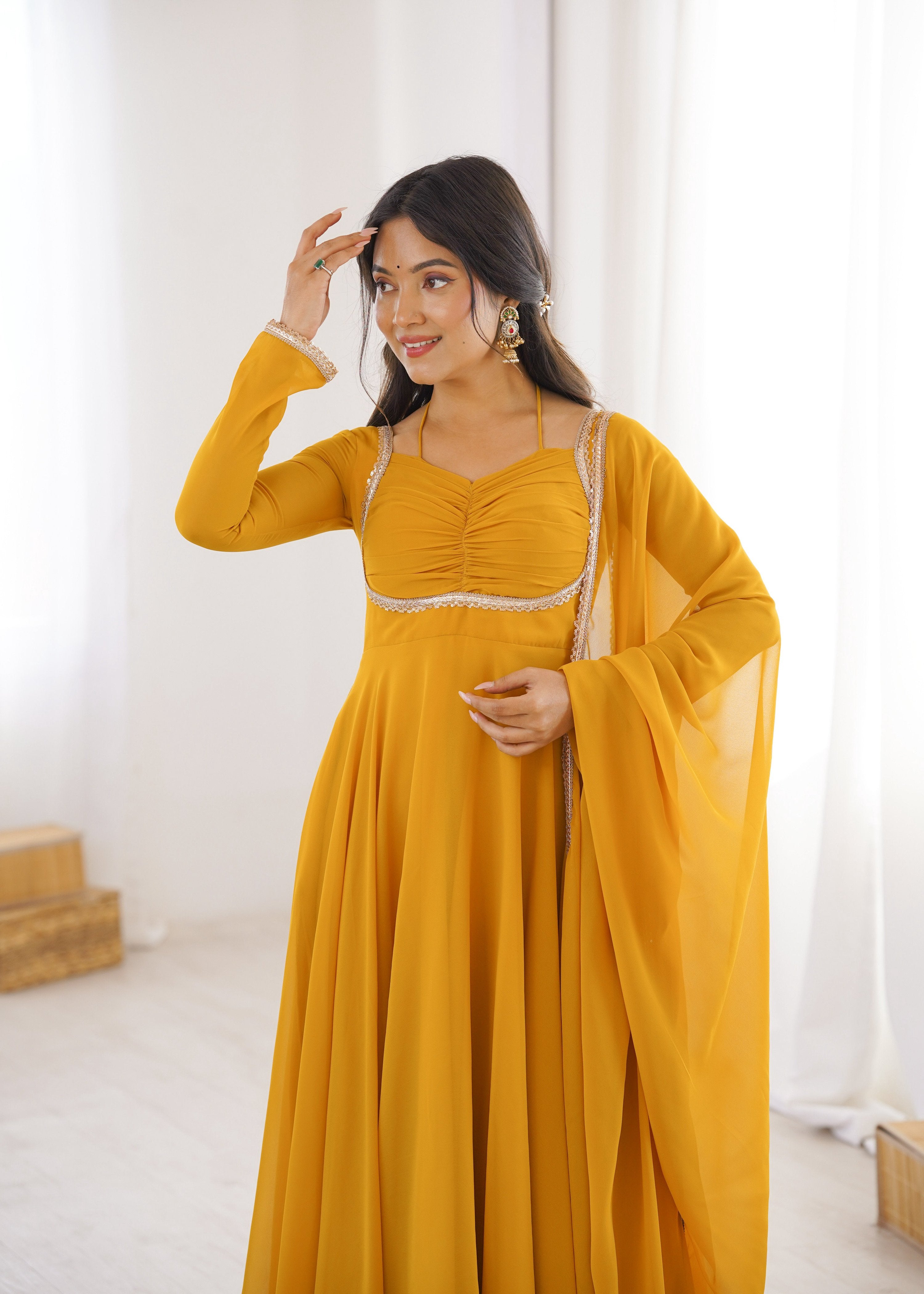 Evanik Yellow Georgette Plain Fully Flair Gown Dupatta | Grocsy