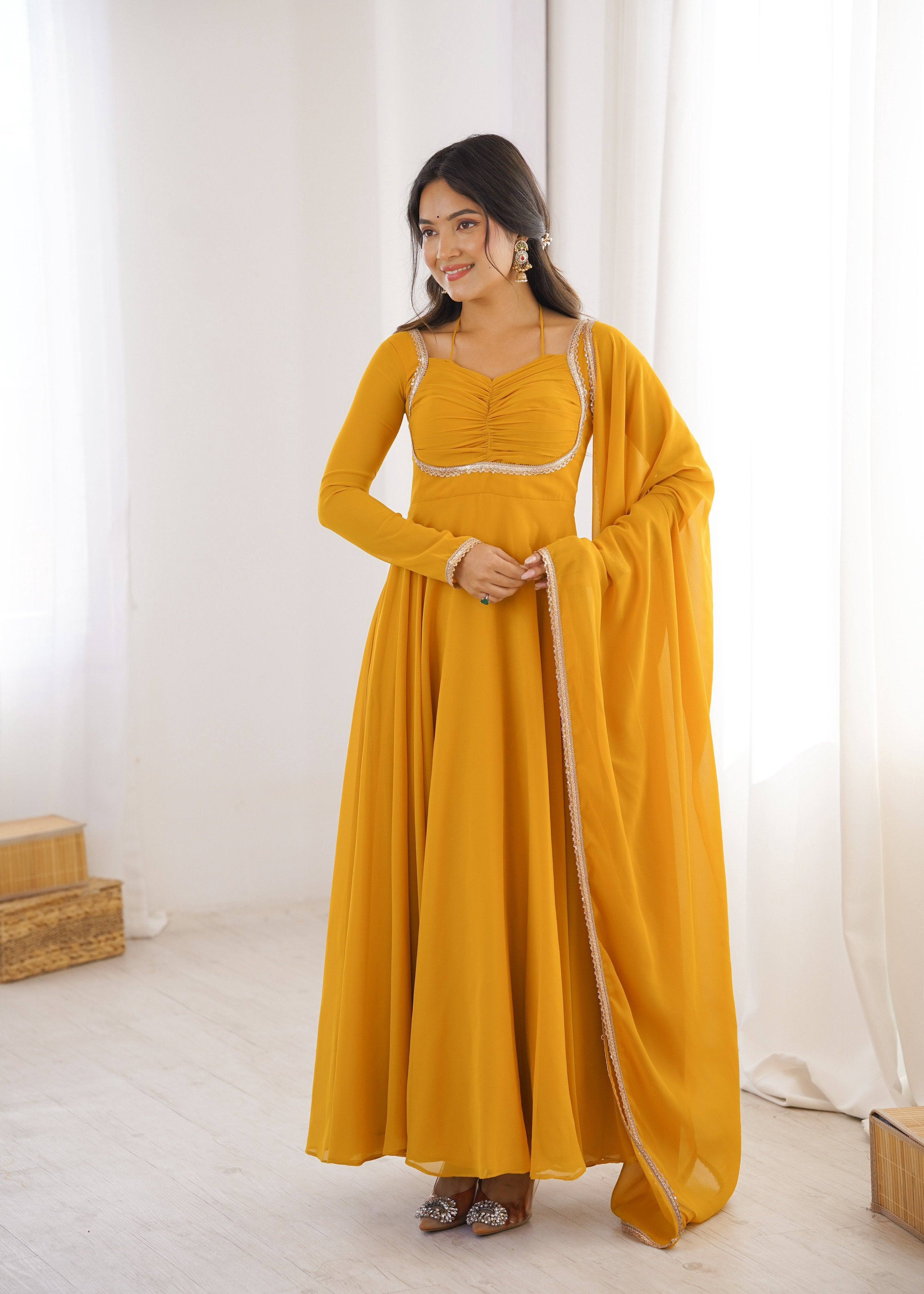 Evanik Yellow Georgette Plain Fully Flair Gown Dupatta | Grocsy