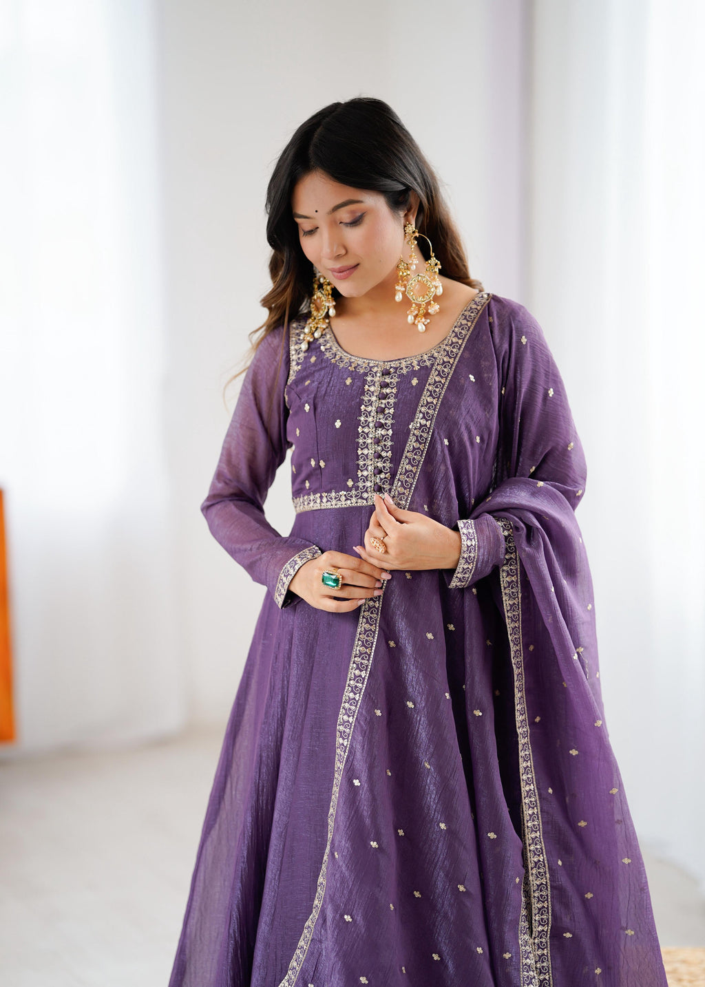 Evanik Lavender Crunchy Silk With Embroidered Zari Dori Work Anarkali Set | Grocsy