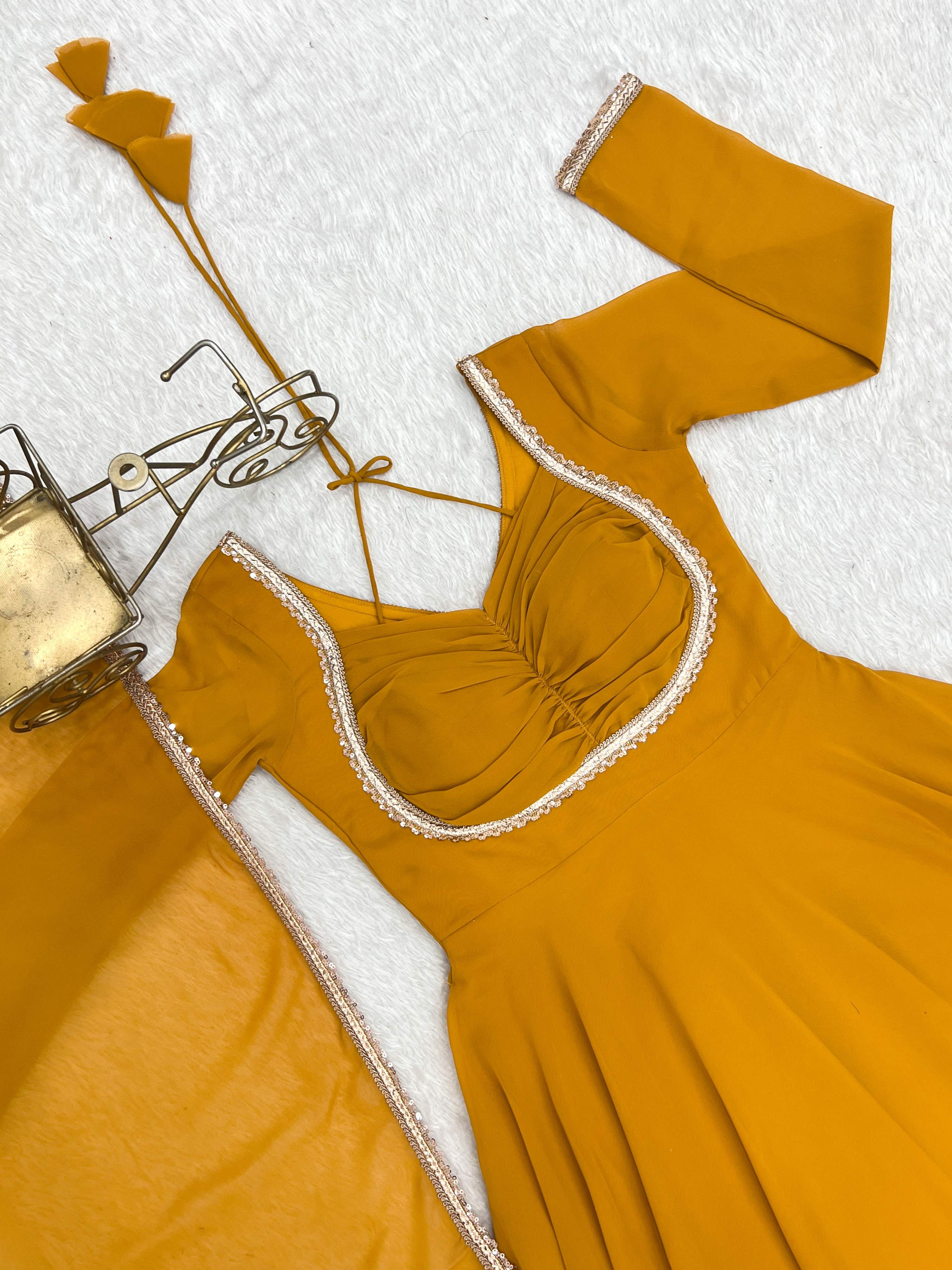 Evanik Yellow Georgette Plain Fully Flair Gown Dupatta | Grocsy