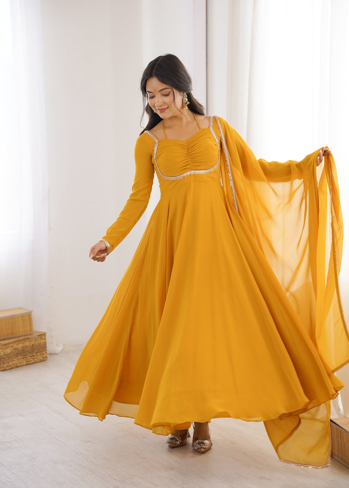 Evanik Yellow Georgette Plain Fully Flair Gown Dupatta | Grocsy