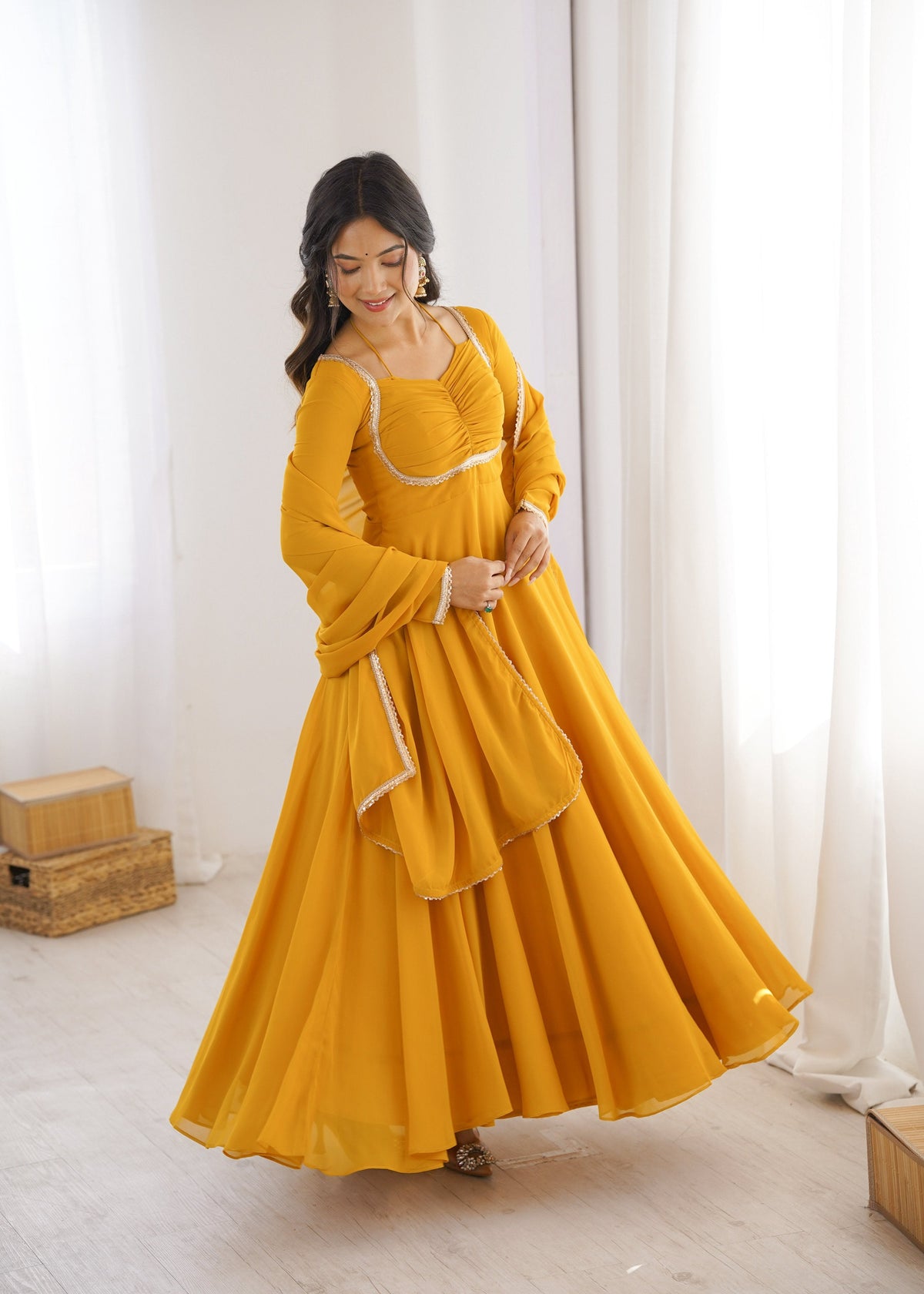 Evanik Yellow Georgette Plain Fully Flair Gown Dupatta | Grocsy