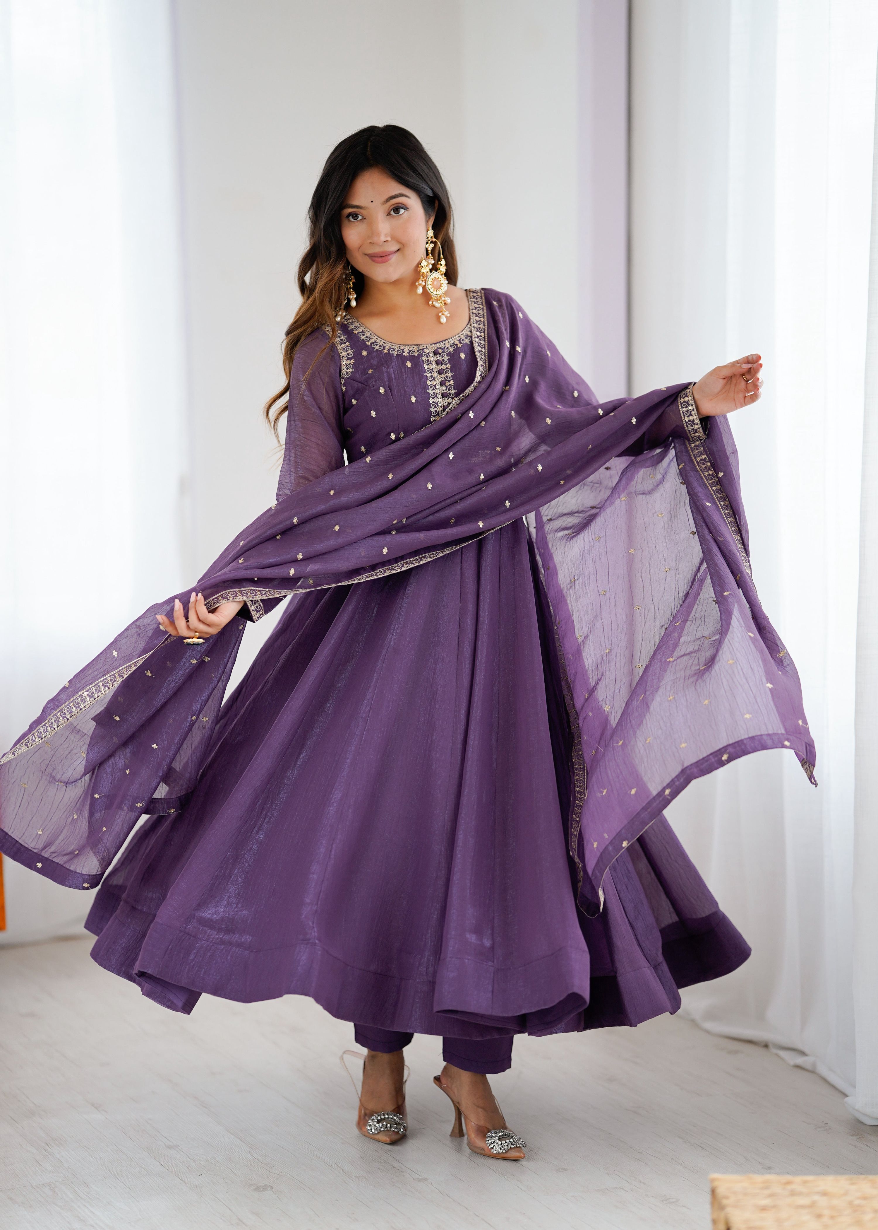 Evanik Lavender Crunchy Silk With Embroidered Zari Dori Work Anarkali Set | Grocsy