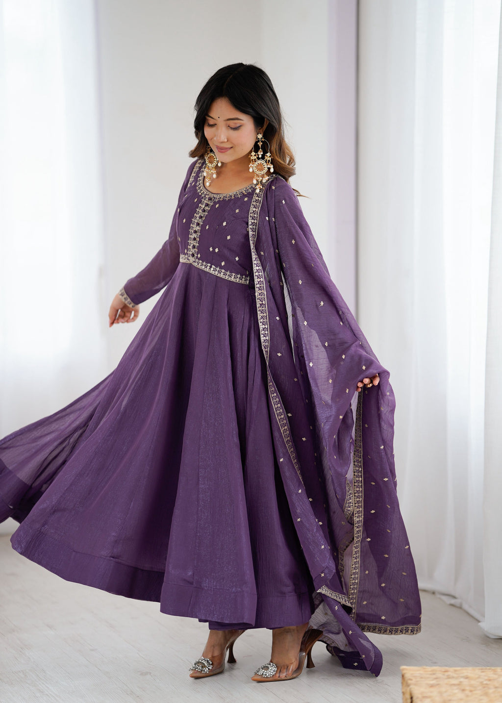 Evanik Lavender Crunchy Silk With Embroidered Zari Dori Work Anarkali Set | Grocsy