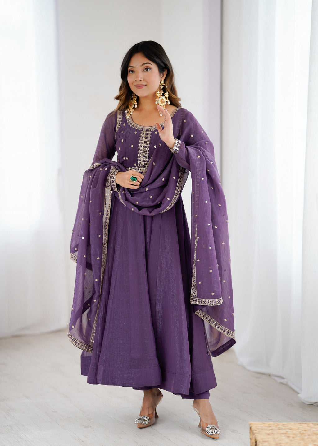 Evanik Lavender Crunchy Silk With Embroidered Zari Dori Work Anarkali Set | Grocsy