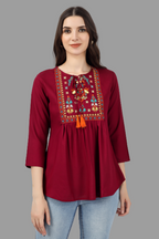 House of RP Women Marron Rayon Embroidered Flared Tunic | Grocsy
