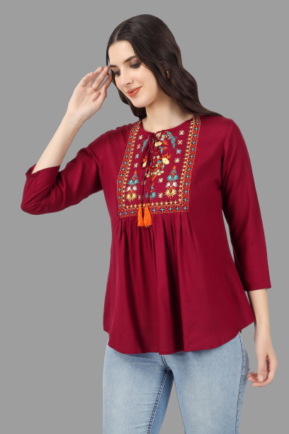 House of RP Women Marron Rayon Embroidered Flared Tunic | Grocsy