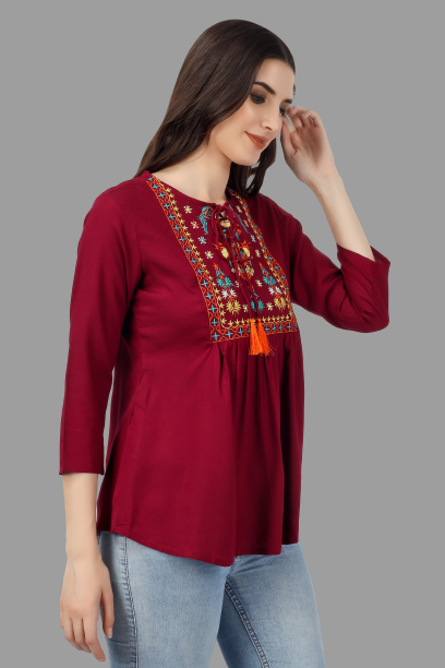 House of RP Women Marron Rayon Embroidered Flared Tunic | Grocsy