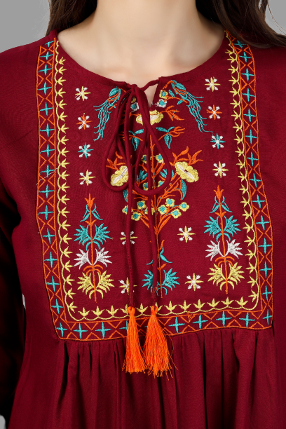 House of RP Women Marron Rayon Embroidered Flared Tunic | Grocsy