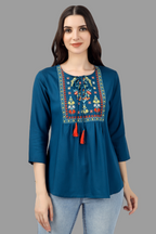House of RP Women Light Blue Rayon Embroidered Flared Tunic | Grocsy