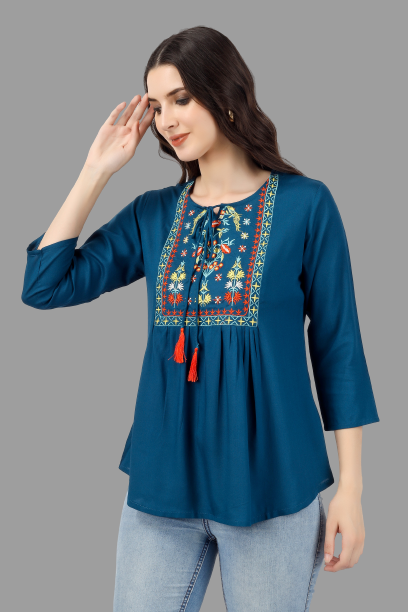 House of RP Women Light Blue Rayon Embroidered Flared Tunic | Grocsy