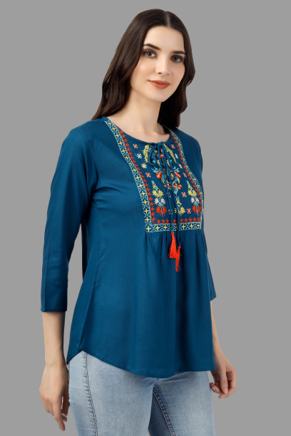 House of RP Women Light Blue Rayon Embroidered Flared Tunic | Grocsy
