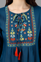 House of RP Women Light Blue Rayon Embroidered Flared Tunic | Grocsy