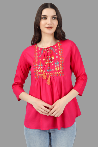 House of RP Women Pink Rayon Embroidered Flared Tunic | Grocsy