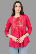 House of RP Women Pink Rayon Embroidered Flared Tunic | Grocsy