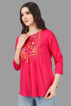 House of RP Women Pink Rayon Embroidered Flared Tunic | Grocsy