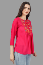 House of RP Women Pink Rayon Embroidered Flared Tunic | Grocsy